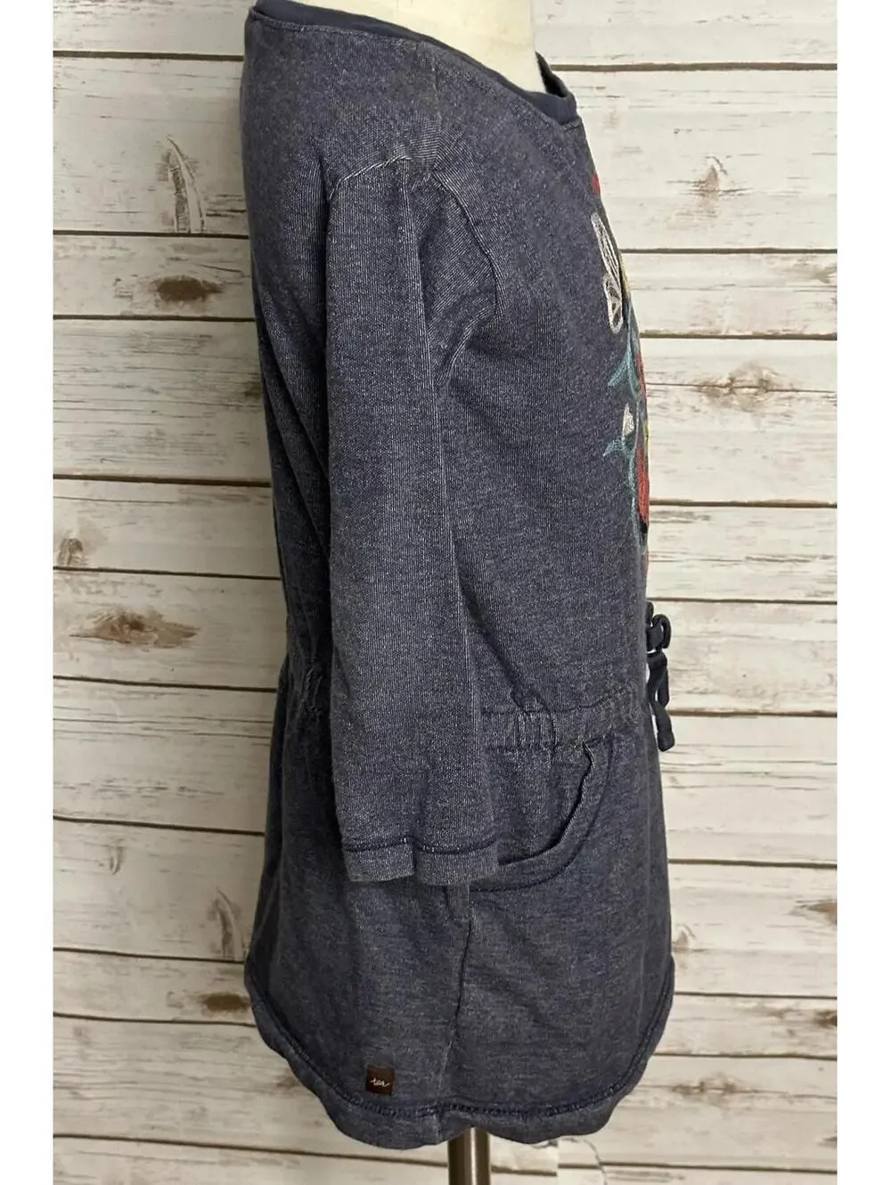 tea Collection chambray blue cotton embroidered floral skull knit tunic dress 5